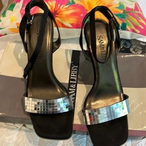 Sam and Libby black satin heals size 7
